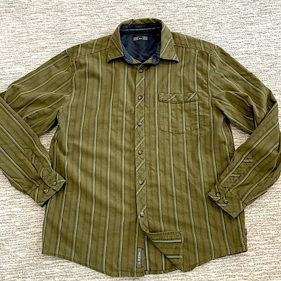 REI Striped Long Sleeve Shirt Mens Size M Olive Cotton Rayon Button Down - Picture 10 of 10